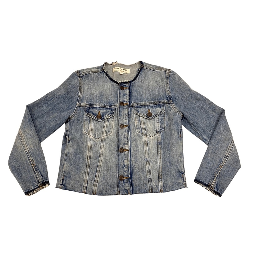 Lucky Brand Remade Denim Jean Trucker Jacket Distressed Raw Edge Size S